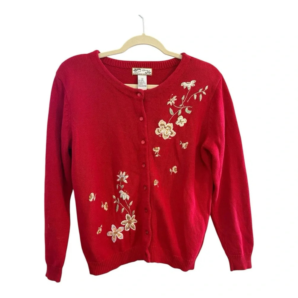 Vintage Heirloom Collectables Red Floral Embroidered Button Up Cardigan Sweater